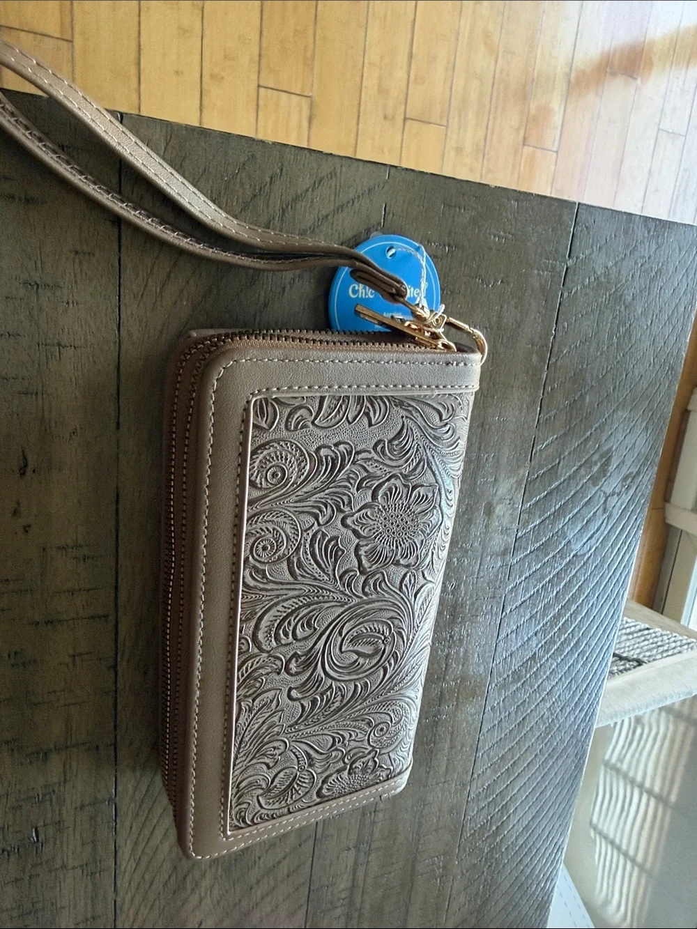 Women's Embossed Floral Zip Wallet Wristlet - Taupe